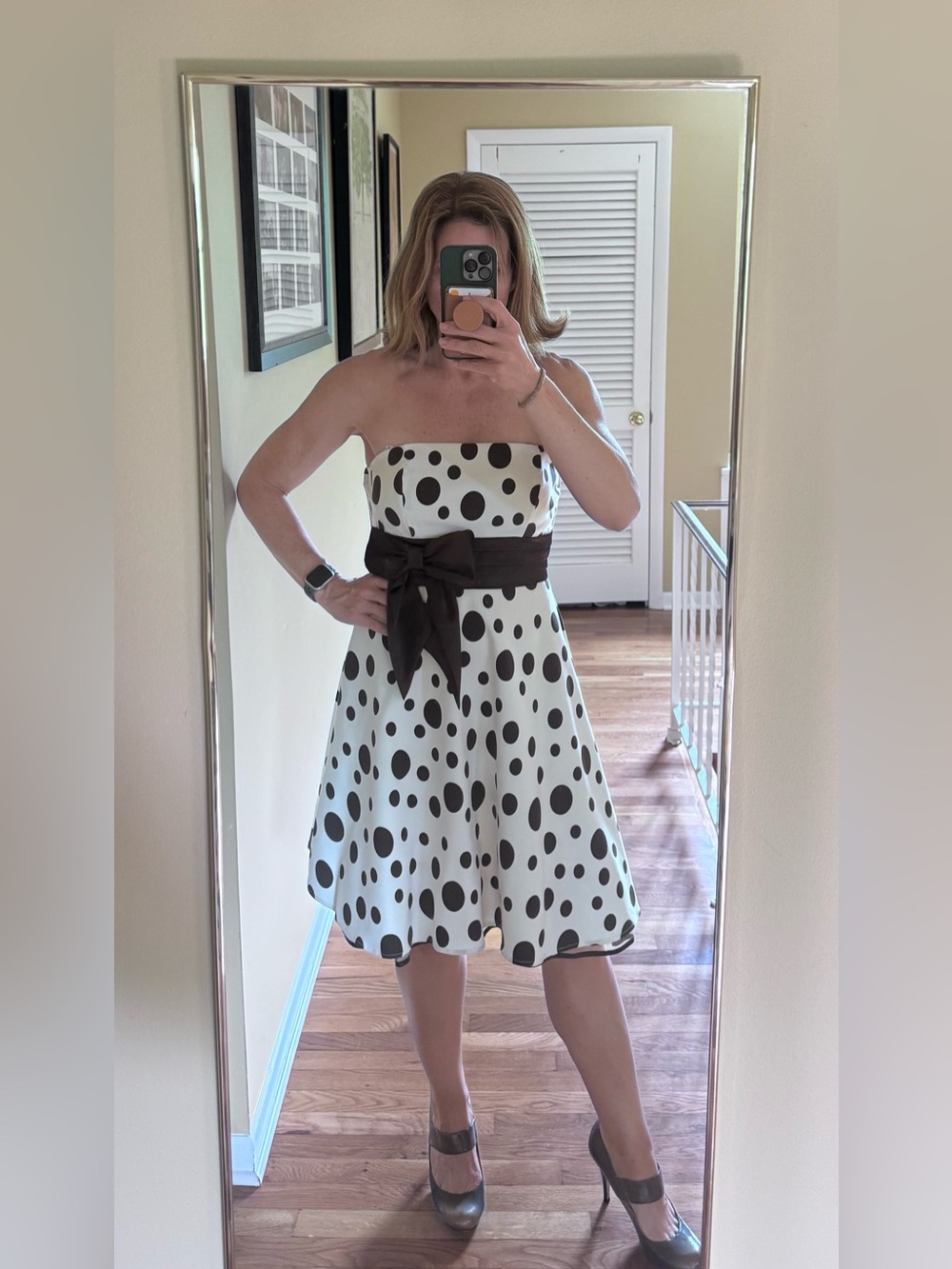 NWOT dressbarn Cream w/ Brown Polka Dot Strapless Dress with Brown Sash - Size 8